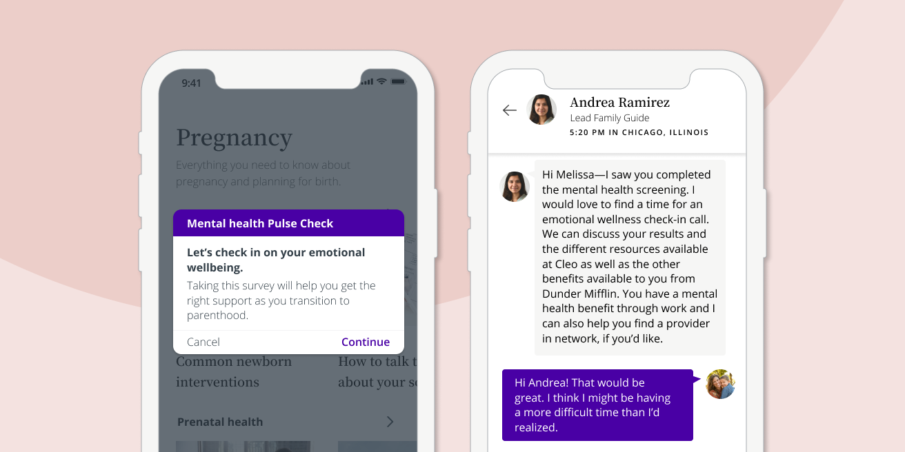 Screenshot of mental health pulse check and guide message in Cleo app