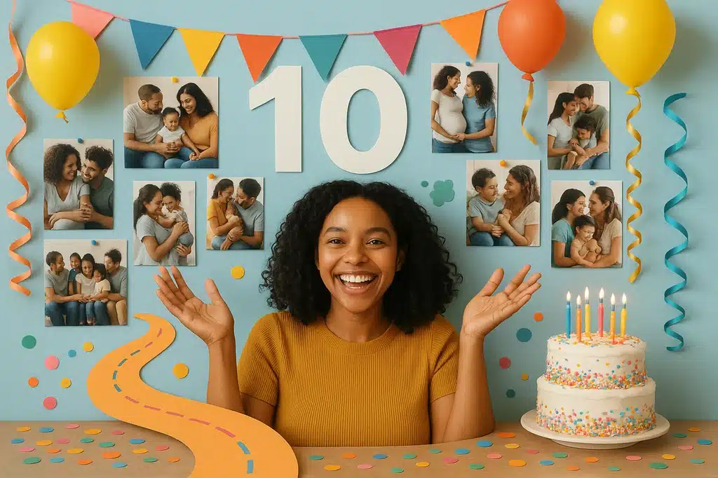 Cleo celebrating 10 years of supporting families with a celebratory visual representing our journey No visible text no words no letters
